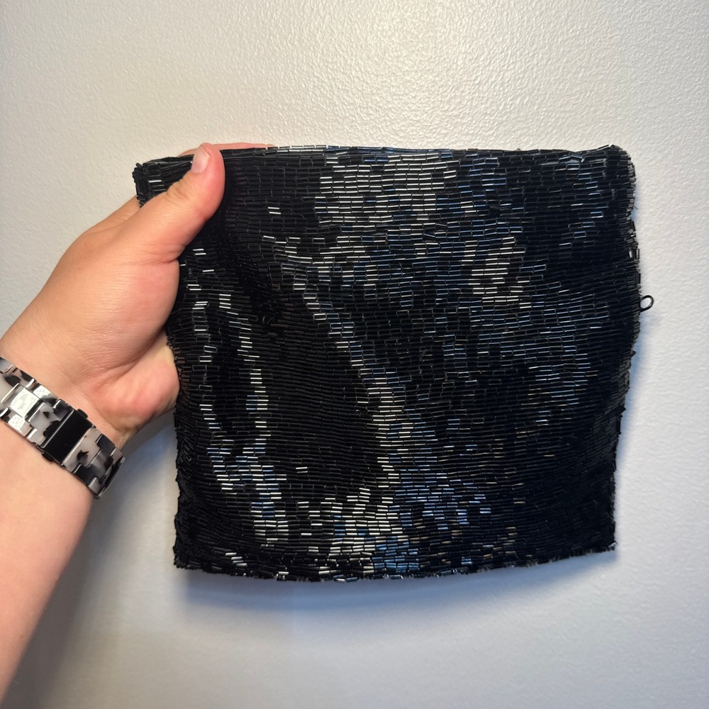 La Regale Vintage Black Bugle Bead Foldover Zip Clutch Evening Bag - Picture 5 of 6